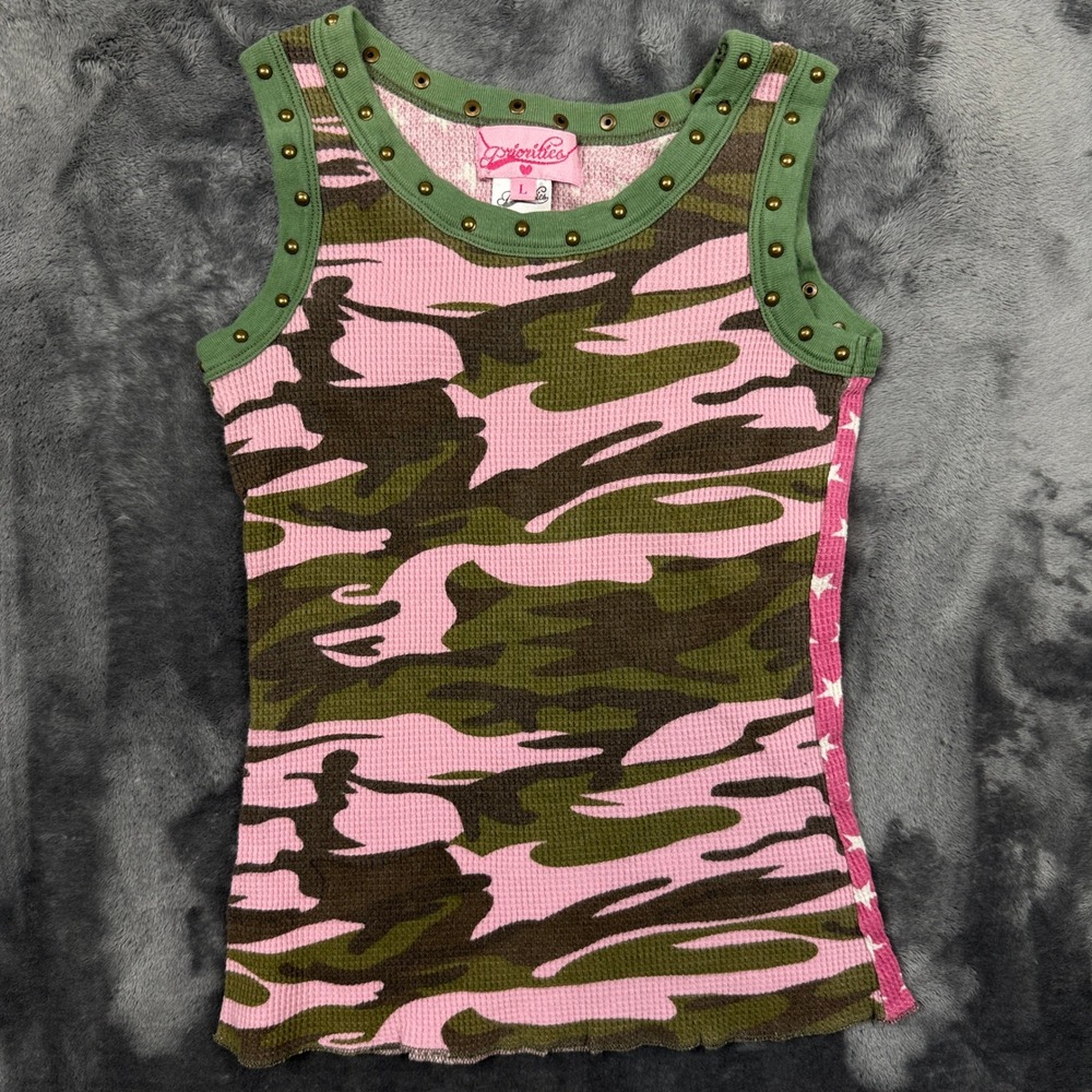 Priorities Thermal Tank Top Womens Large Pink Camo Stars Studded Waffle Knit